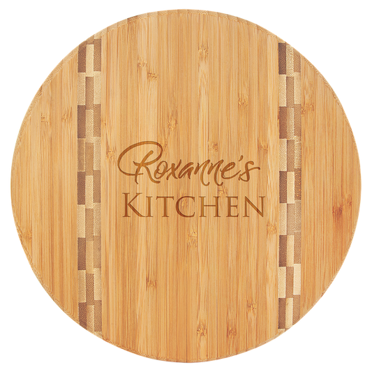 Round Bamboo Cutting Board with Butcher Block Inlay and Custom Laser Engraved Image