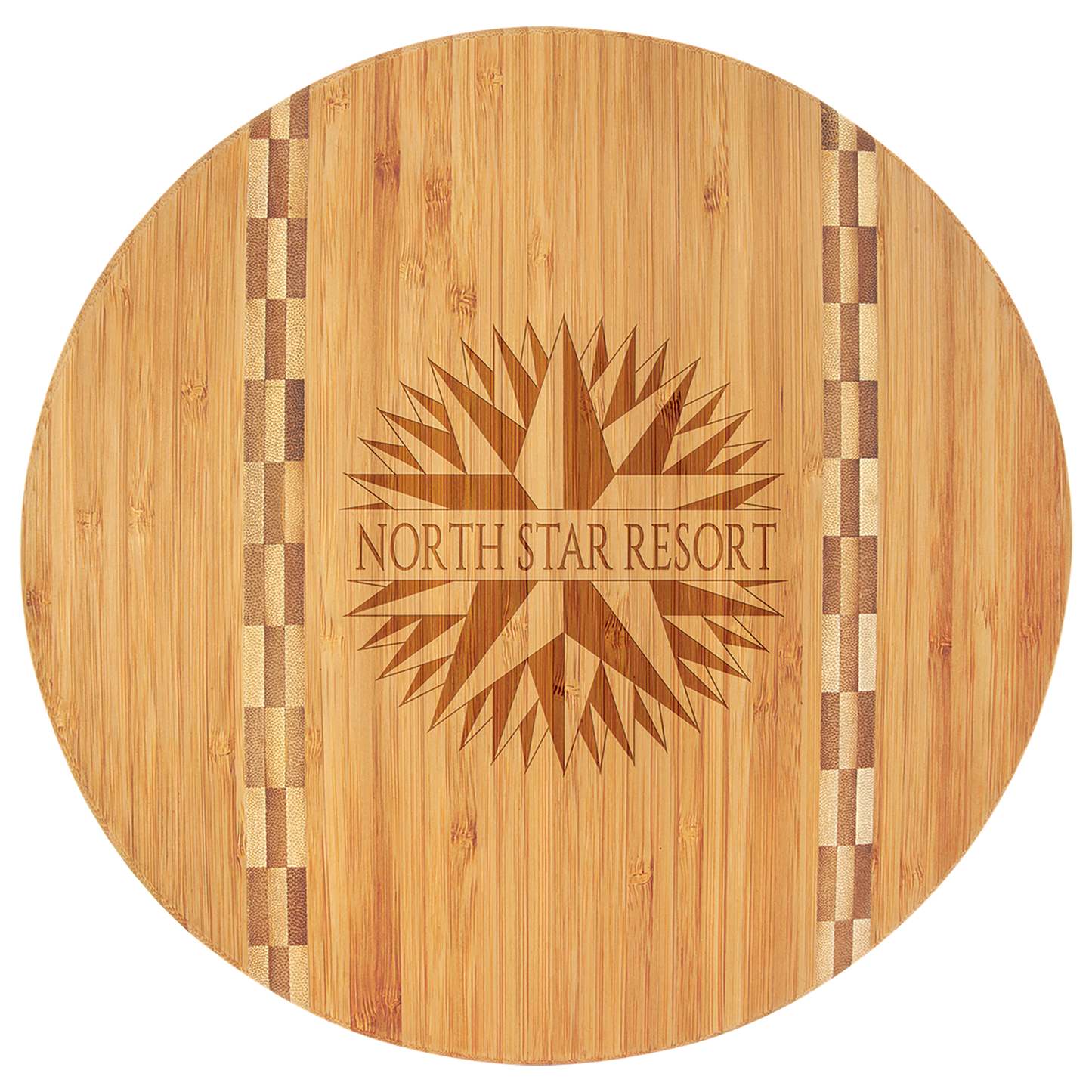 Round Bamboo Cutting Board with Butcher Block Inlay and Custom Laser Engraved Image