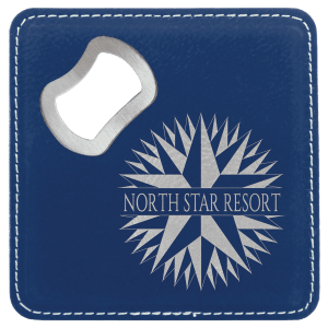 Custom 4″ Square Laserable Leatherette Bottle Opener Coaster in Blue/Silver