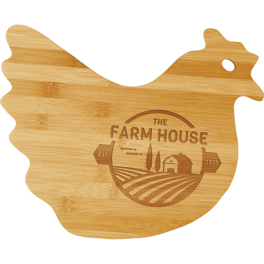 Hen Shaped Bamboo Cutting Board with Custom Laser Engraved Design.