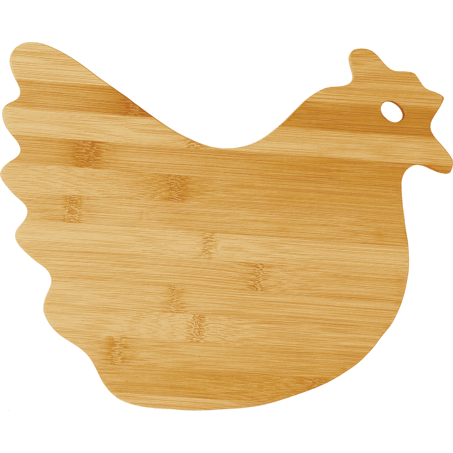 Hen Shaped Bamboo Cutting Board with Custom Laser Engraved Design.