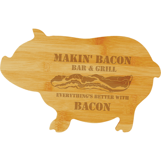 Pig Shaped Bamboo Cutting Board with Custom Laser Engraved Design.