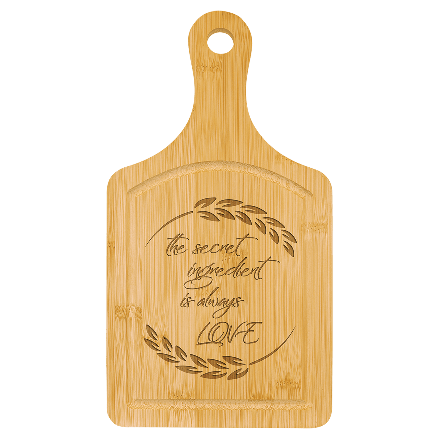 Paddle Shaped Bamboo Cutting Board with Drip Ring and Custom Laser Burned Image