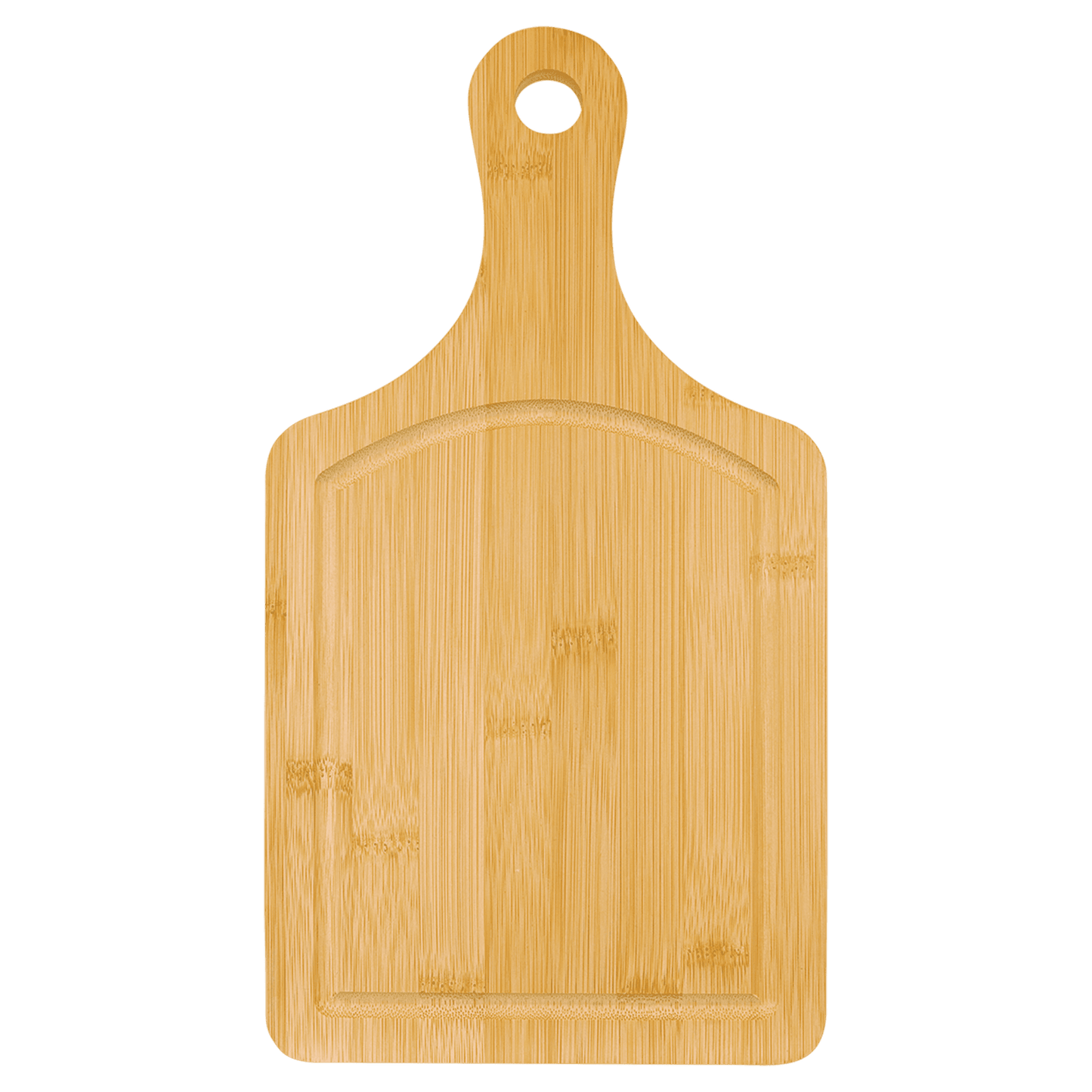 Paddle Shaped Bamboo Cutting Board with Drip Ring and Custom Laser Burned Image