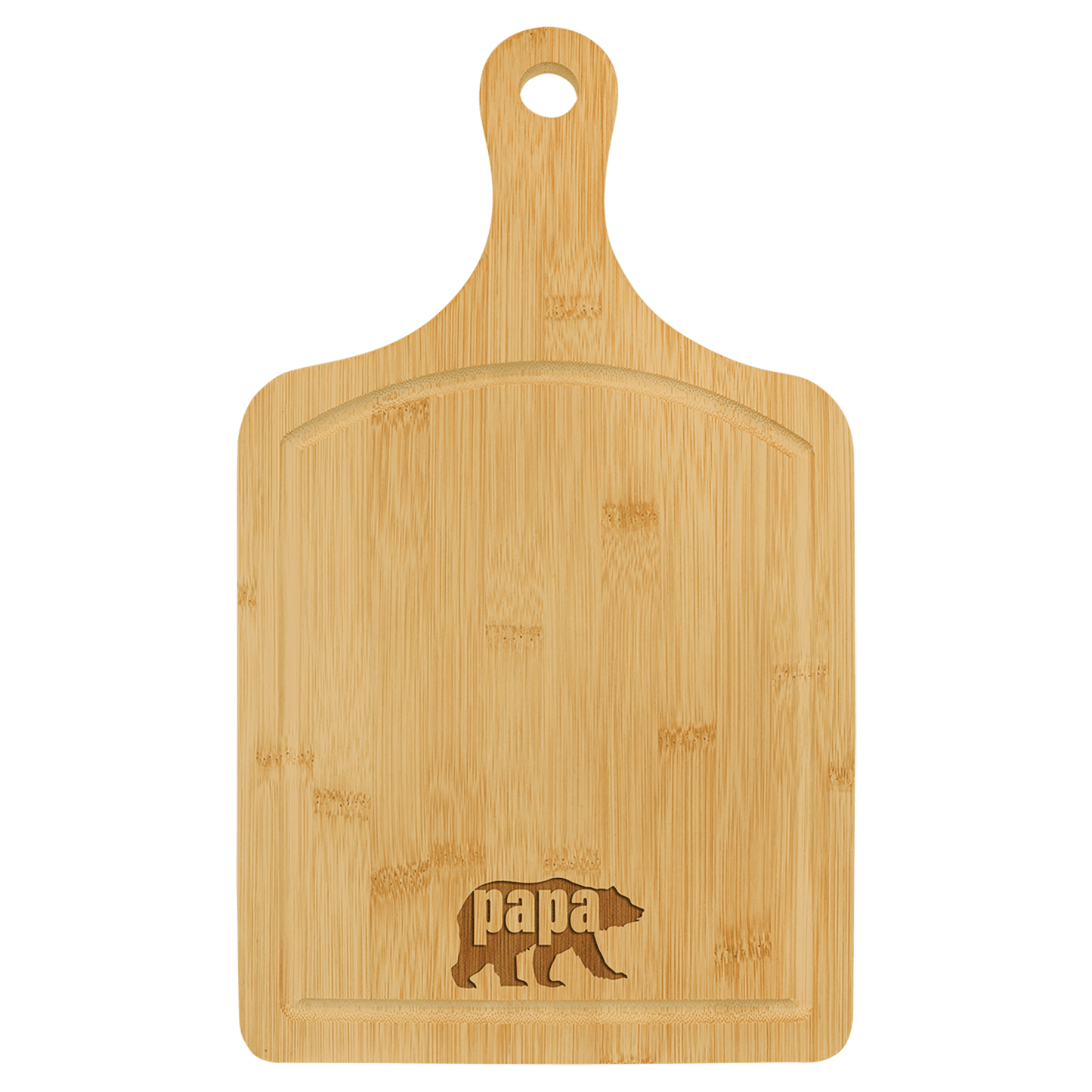 Paddle Shaped Bamboo Cutting Board with Drip Ring and Custom Laser Burned Image