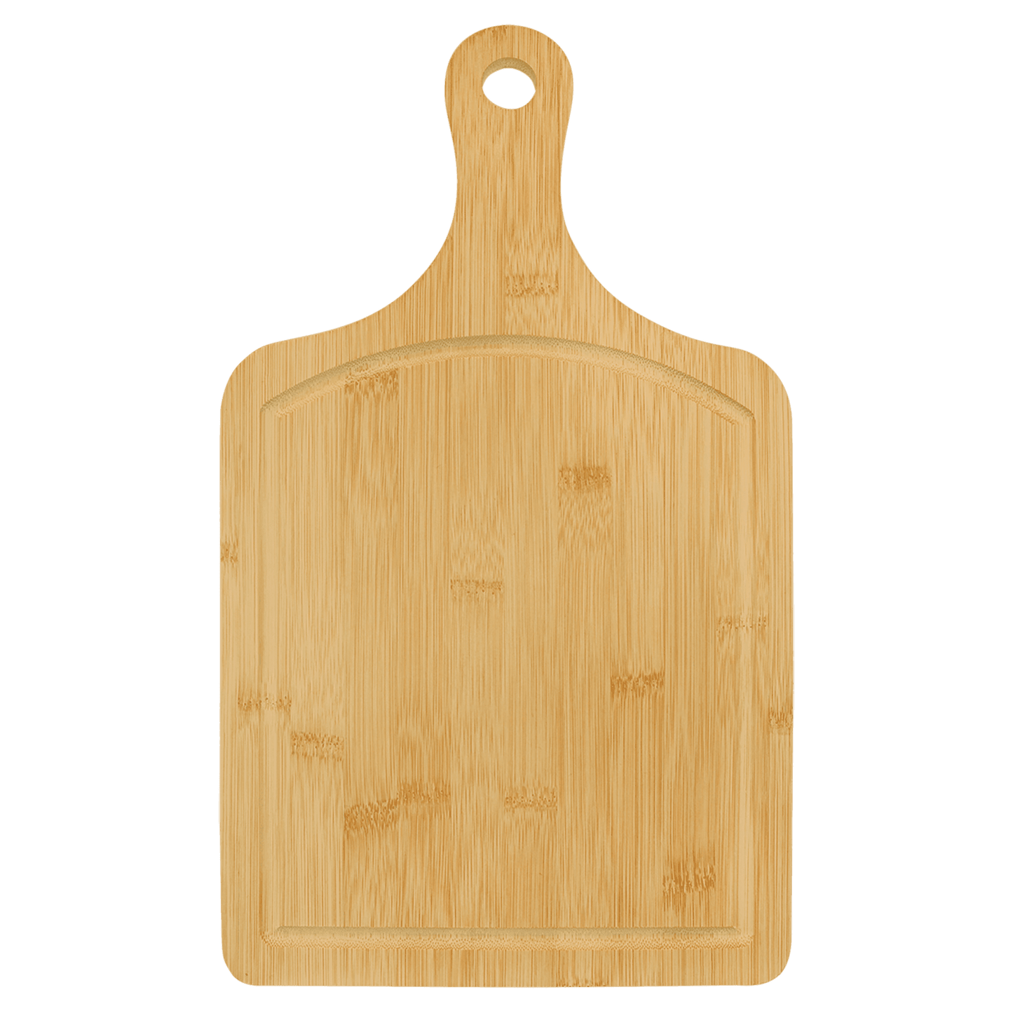 Paddle Shaped Bamboo Cutting Board with Drip Ring and Custom Laser Burned Image