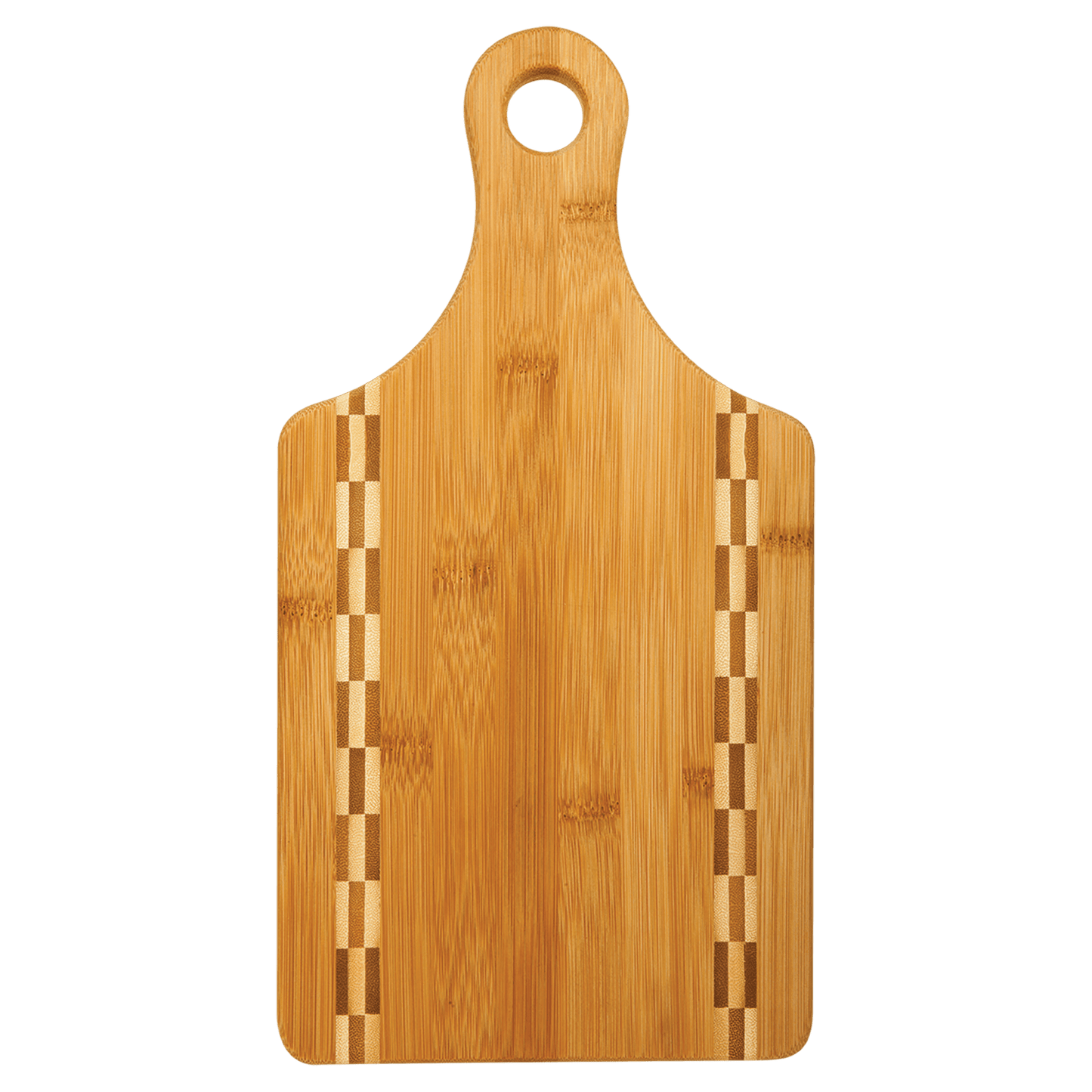 Paddle Shaped Bamboo Cutting Board with Butcher Block Inlay and Custom Laser Burned Image