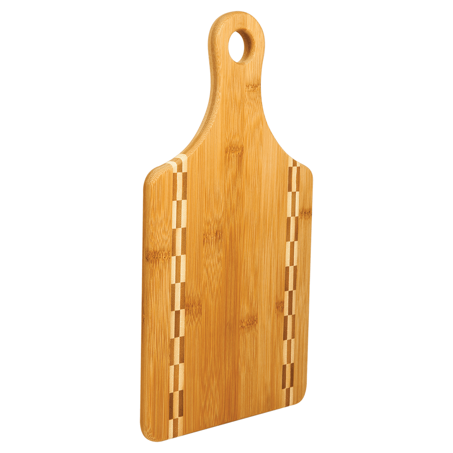 Paddle Shaped Bamboo Cutting Board with Butcher Block Inlay and Custom Laser Burned Image