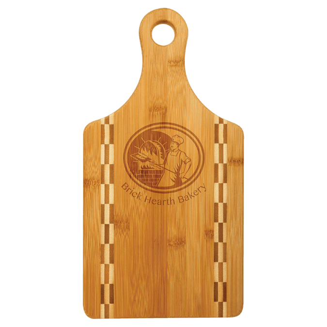 Paddle Shaped Bamboo Cutting Board with Butcher Block Inlay and Custom Laser Burned Image
