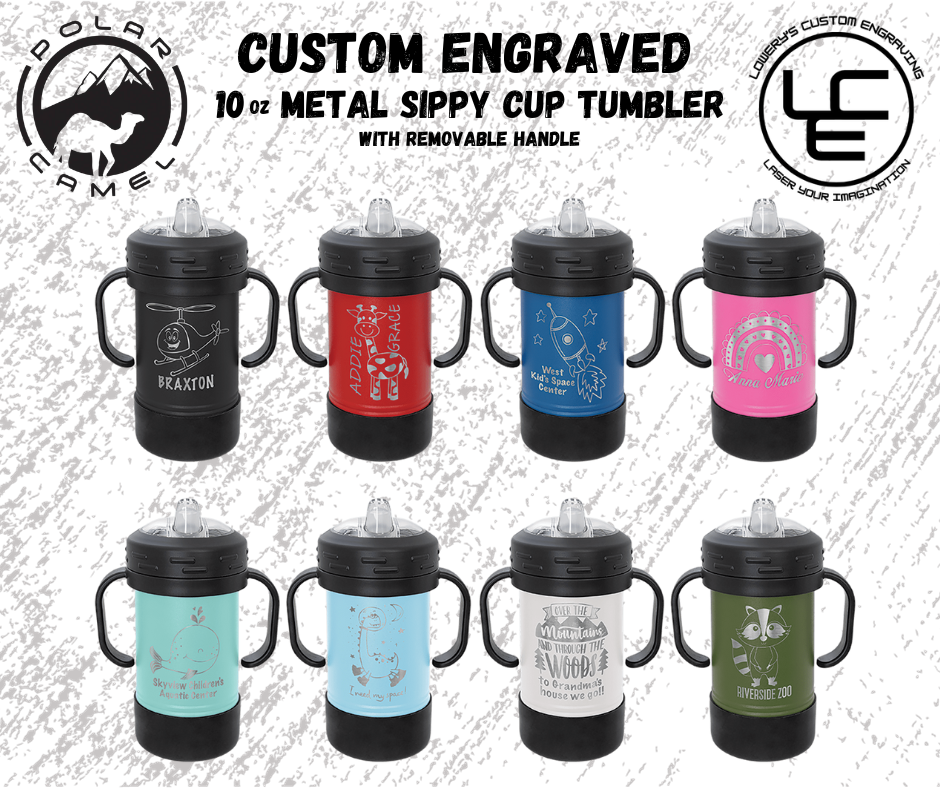 10oz Metal Sippy Cup with Removable Handle and Custom Laser Engraving.