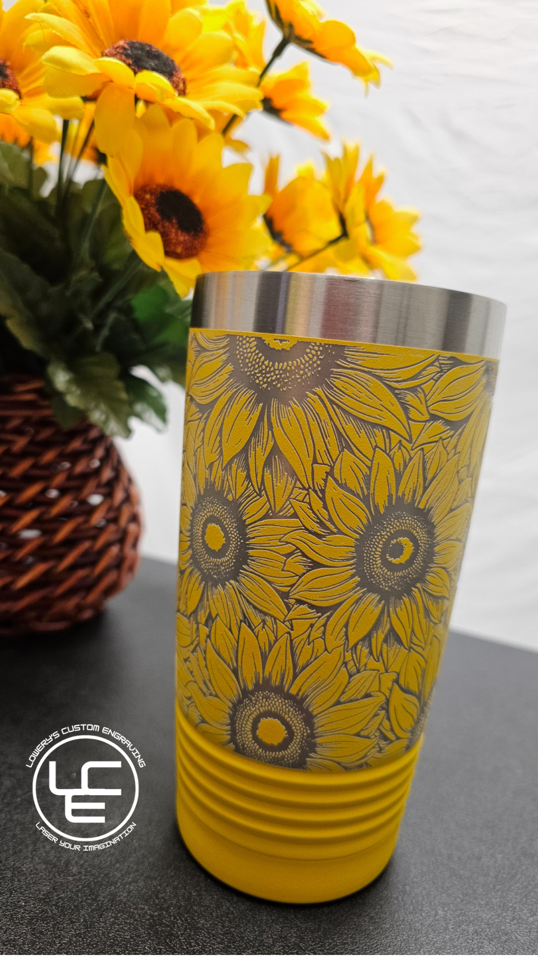 Sunflower Laser Wrap on our 20oz Tumblers