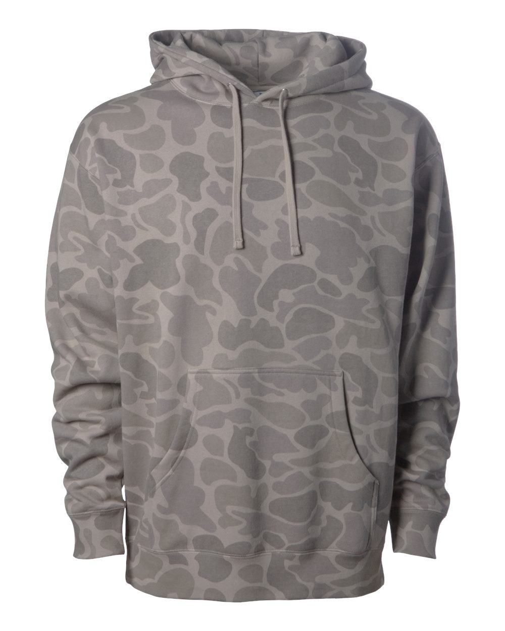 Independent Trading Co. IND4000 heavyweight hoodie in Desert Duck Camo, front view; undecorated garment shown