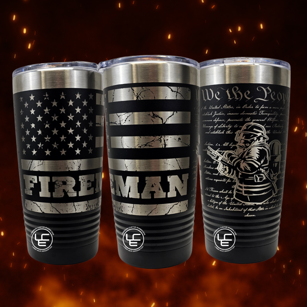 Fireman Laser Wrap on our 20oz Tumblers