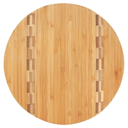 Round Bamboo Cutting Board with Butcher Block Inlay and Custom Laser Engraved Image