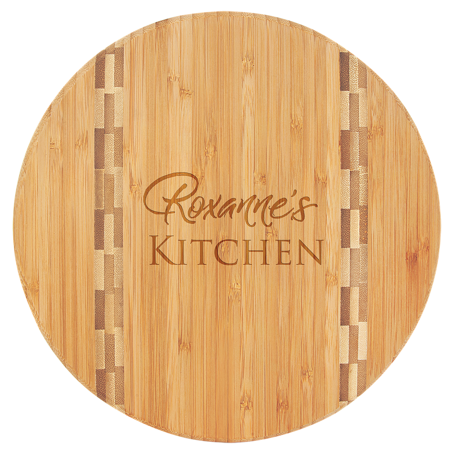 Round Bamboo Cutting Board with Butcher Block Inlay and Custom Laser Engraved Image