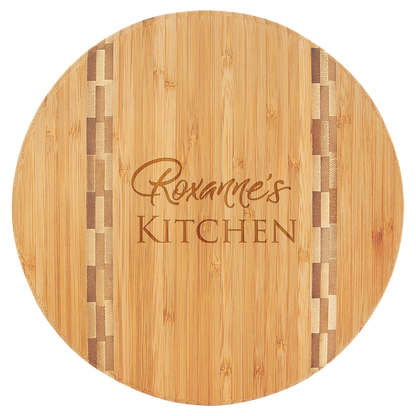 Round Bamboo Cutting Board with Butcher Block Inlay and Custom Laser Engraved Image