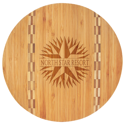 Round Bamboo Cutting Board with Butcher Block Inlay and Custom Laser Engraved Image
