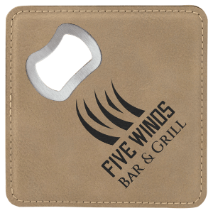 Custom 4″ Square Laserable Leatherette Bottle Opener Coaster in Light Brown