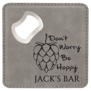 Custom 4″ Square Laserable Leatherette Bottle Opener Coaster in Gray