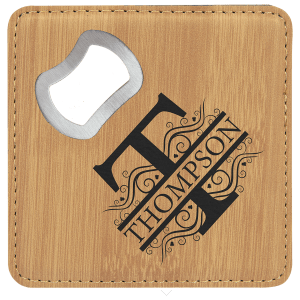 Custom 4″ Square Laserable Leatherette Bottle Opener Coaster in Bamboo