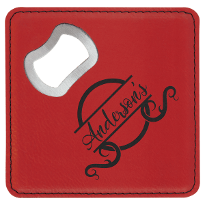 Custom 4″ Square Laserable Leatherette Bottle Opener Coaster in Red