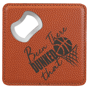 Custom 4″ Square Laserable Leatherette Bottle Opener Coaster in Basketball