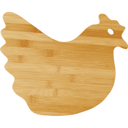 Hen Shaped Bamboo Cutting Board with Custom Laser Engraved Design.