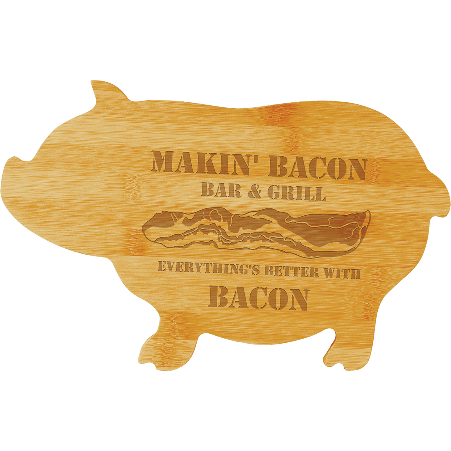 Pig Shaped Bamboo Cutting Board with Custom Laser Engraved Design.