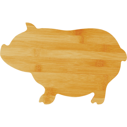 Pig Shaped Bamboo Cutting Board with Custom Laser Engraved Design.