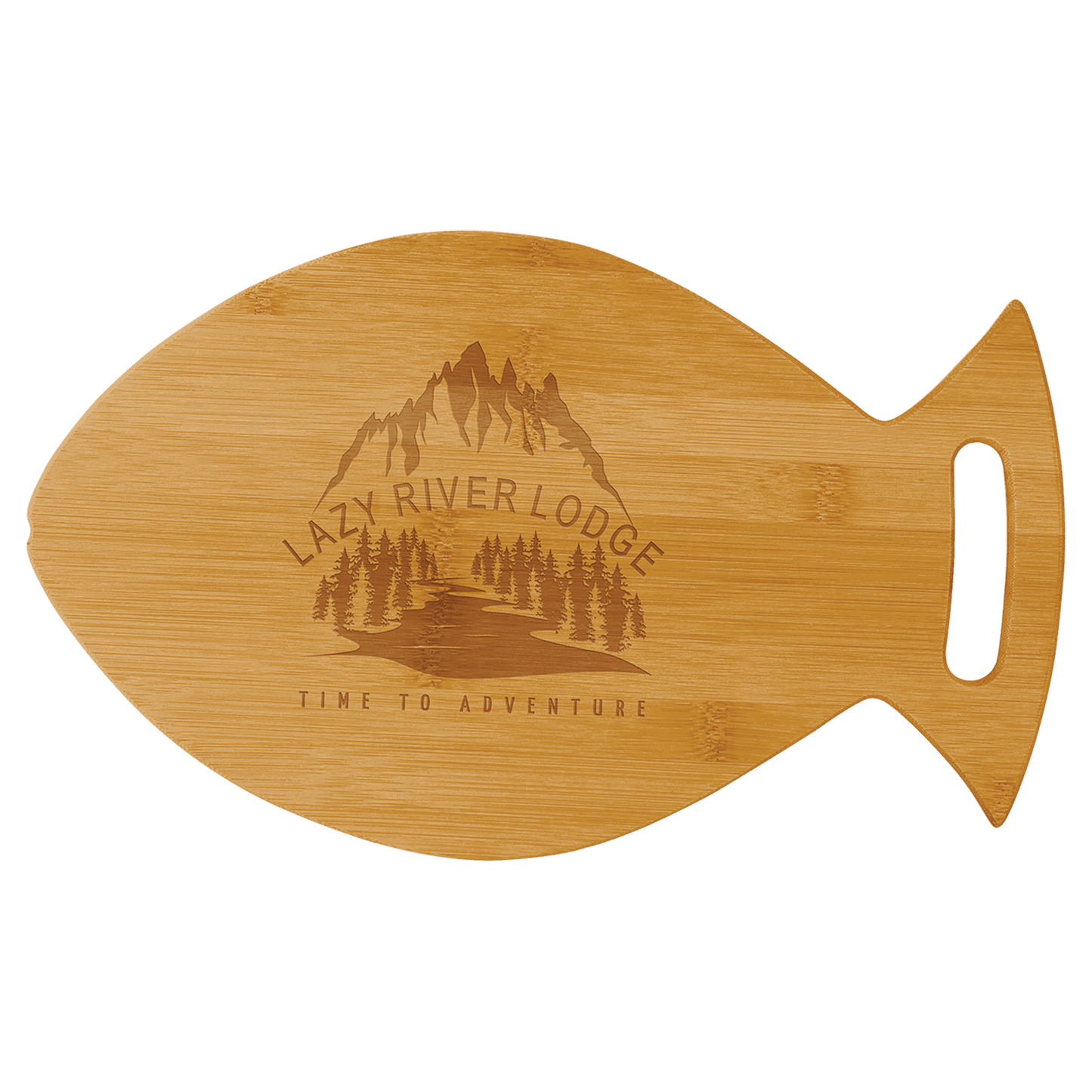 Fish Shaped Bamboo Cutting Board with Custom Laser Engraved Design.