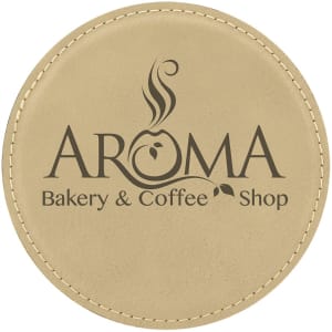 Custom 4″ Round Laserable Leatherette Coaster in Light Brown