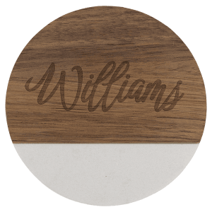 Custom Engraved Acacia & White Marble Round Coasters – Set of 4