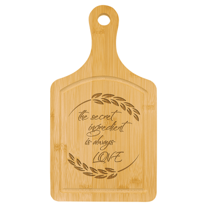 Paddle Shaped Bamboo Cutting Board with Drip Ring and Custom Laser Burned Image