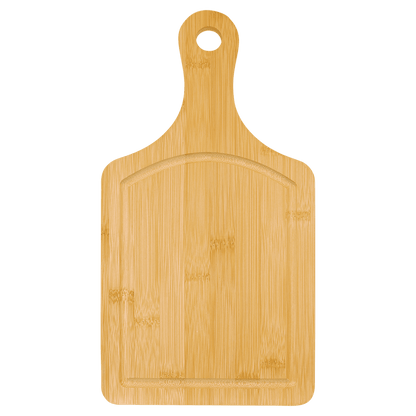 Paddle Shaped Bamboo Cutting Board with Drip Ring and Custom Laser Burned Image