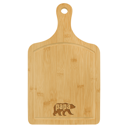 Paddle Shaped Bamboo Cutting Board with Drip Ring and Custom Laser Burned Image
