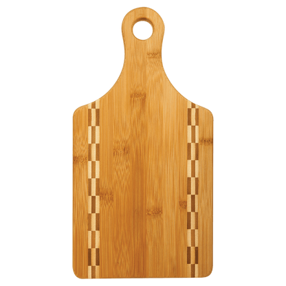 Paddle Shaped Bamboo Cutting Board with Butcher Block Inlay and Custom Laser Burned Image