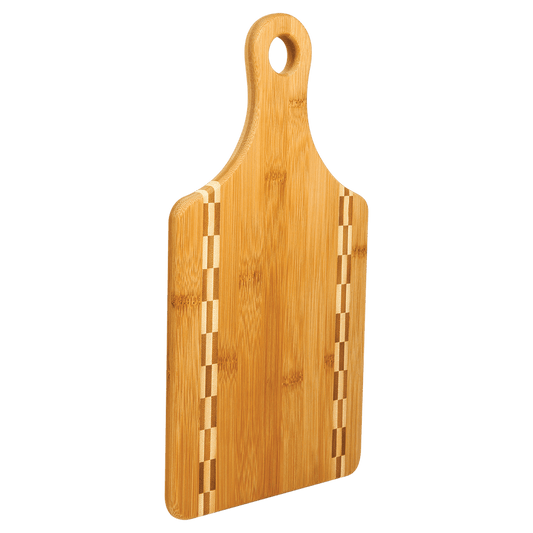 Paddle Shaped Bamboo Cutting Board with Butcher Block Inlay and Custom Laser Burned Image