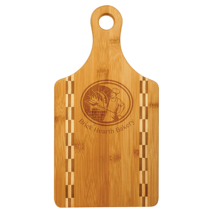Paddle Shaped Bamboo Cutting Board with Butcher Block Inlay and Custom Laser Burned Image