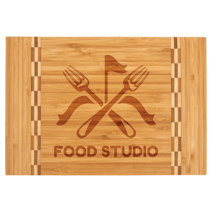 Bamboo Cutting Board with Butcher Block Inlay and Custom Laser Burned Image