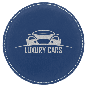 Custom 4″ Round Laserable Leatherette Coaster in Blue/Silver