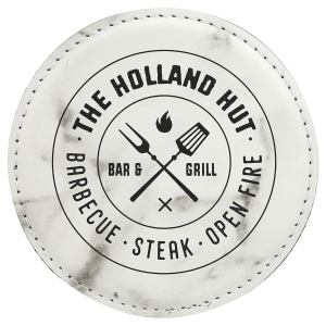 Custom 4″ Round Laserable Leatherette Coaster in White Marble