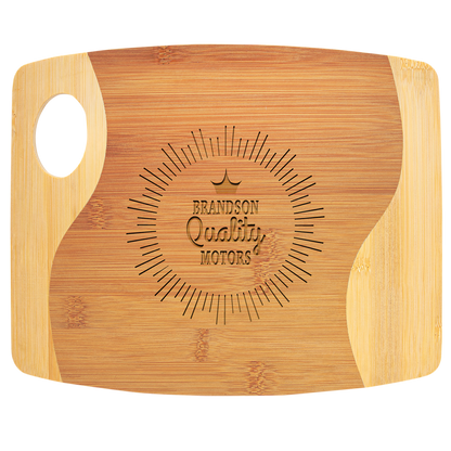 Bamboo Two Toned Cutting Board with Handle and Custom Laser Burned Image