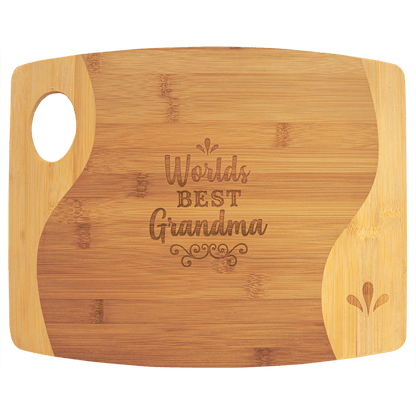 Bamboo Two Toned Cutting Board with Handle and Custom Laser Burned Image