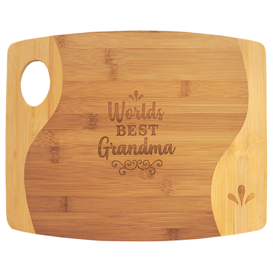 Bamboo Two Toned Cutting Board with Handle and Custom Laser Burned Image