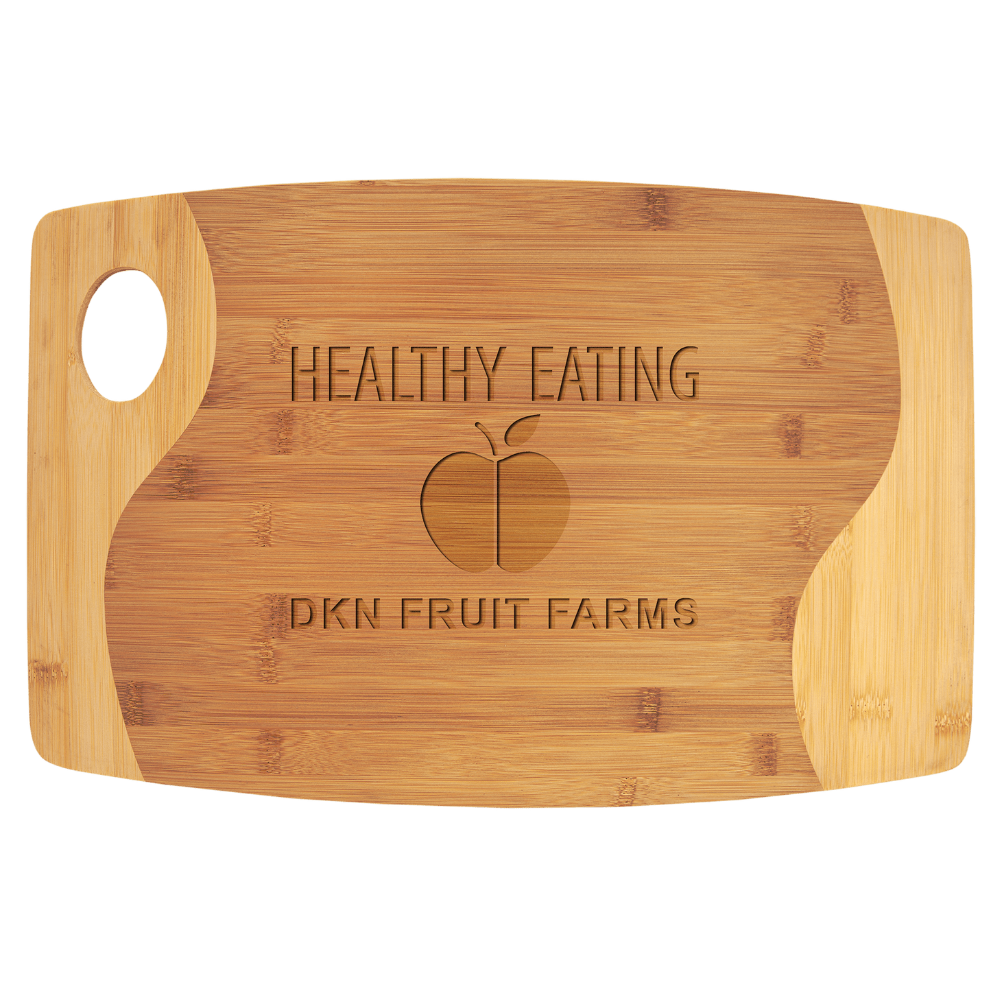 Bamboo Two Toned Cutting Board with Handle and Custom Laser Burned Image