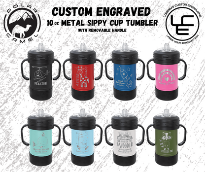 10oz Metal Sippy Cup with Removable Handle and Custom Laser Engraving.